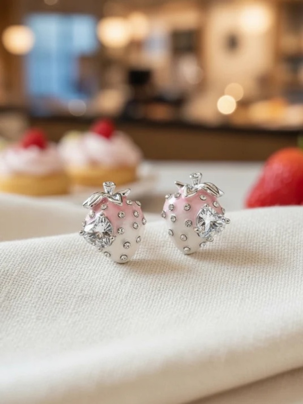 Silver Tone Pink Strawberry Crystal Stud Earrings